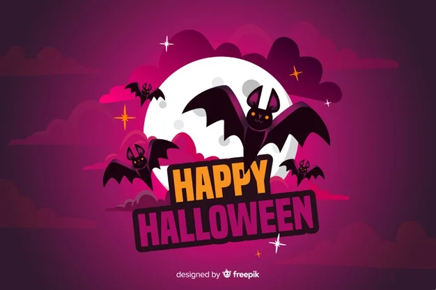 Flat Halloween Background with Bat Full Moon